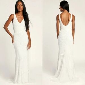 Lulus Luxe Bridal Simple Romance White Beaded Sequin Mermaid Maxi Dress Wedding
